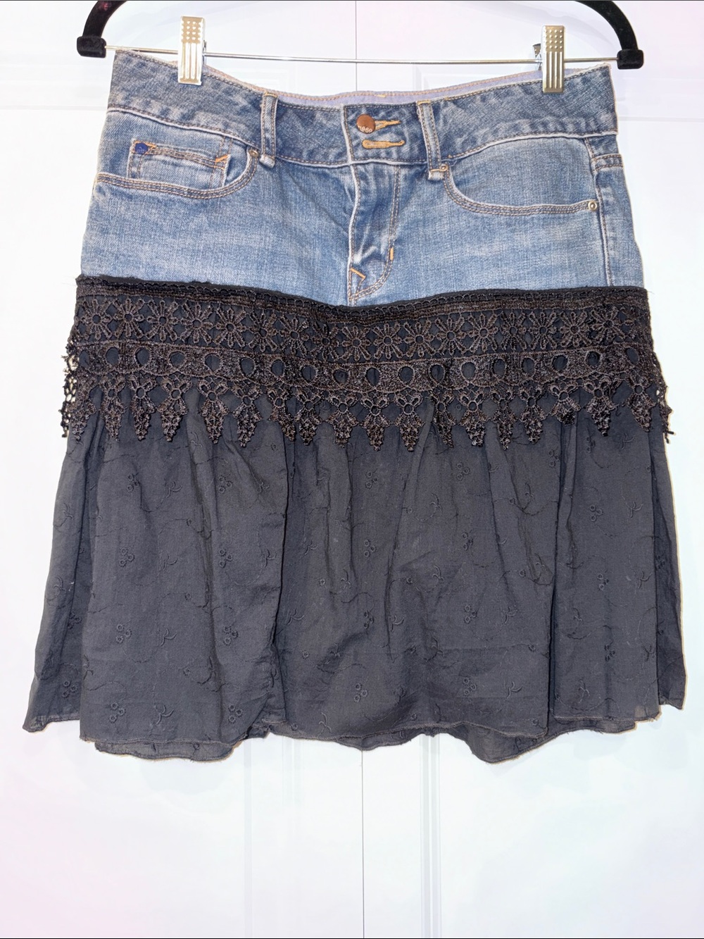 Upcyled GAP Denim & Black Crochet Tiered Mini Skirt Size 4 - Picture 4 of 13